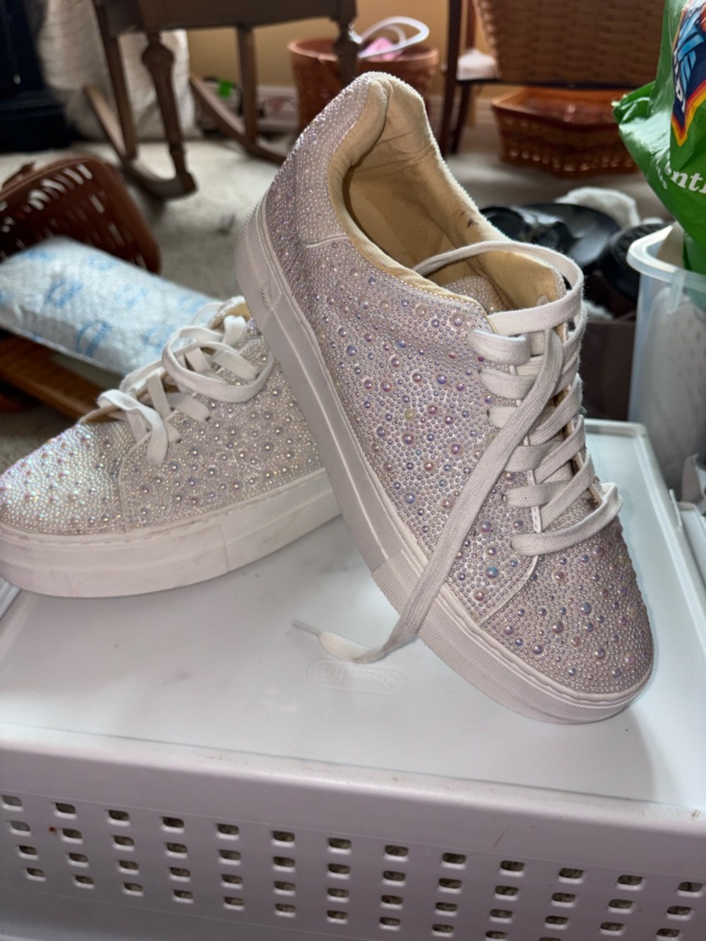 Betsey Johnson Rhinestone and pearl  White Lace-Up Sneakers size 9 new w/o tag